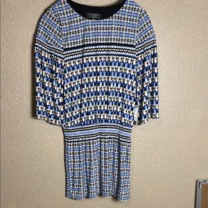 Laundry By Shelli Segal Blue and Black Geometric Long Sleeve Dress